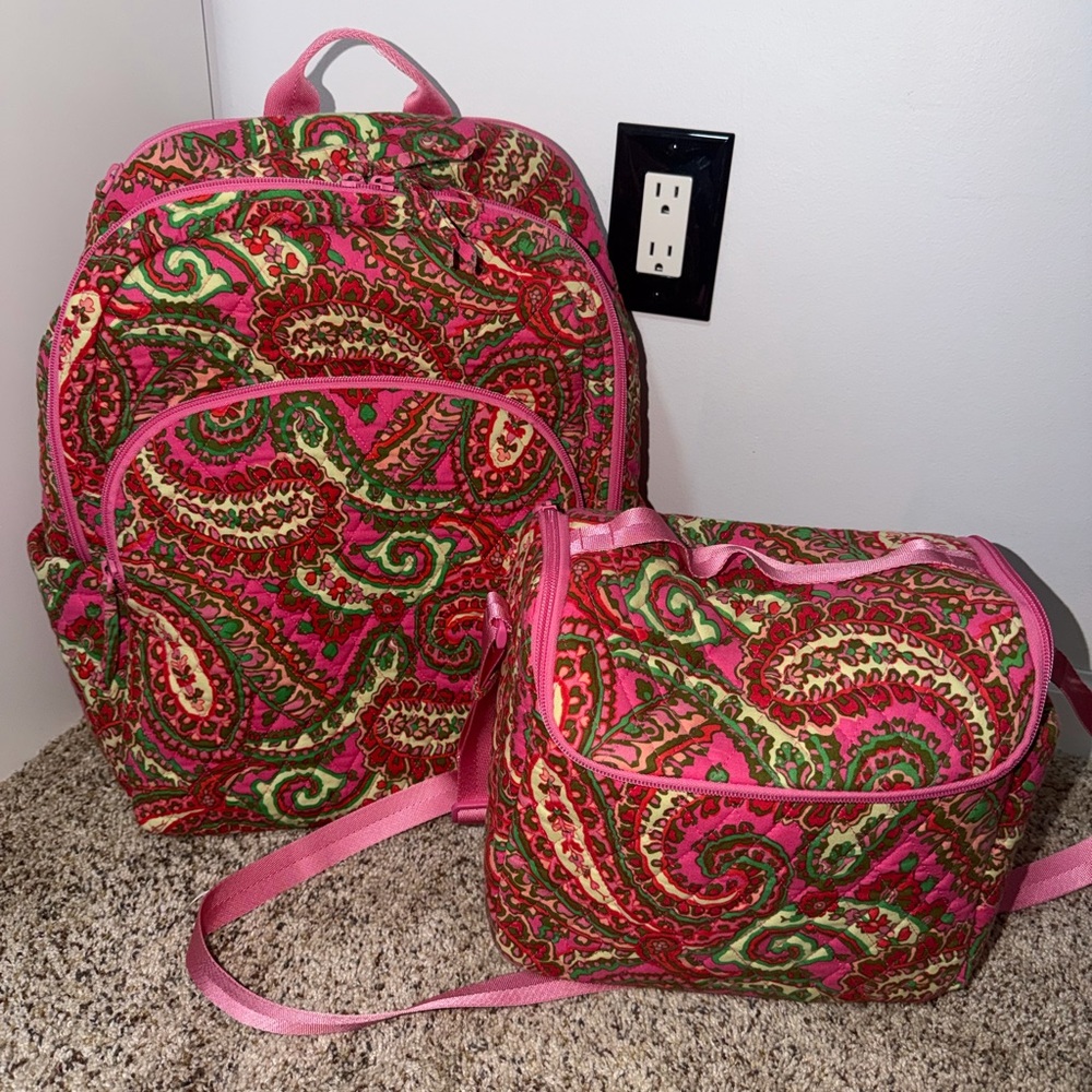 Vera Bradley Pink and Green Paisley Backpack Set